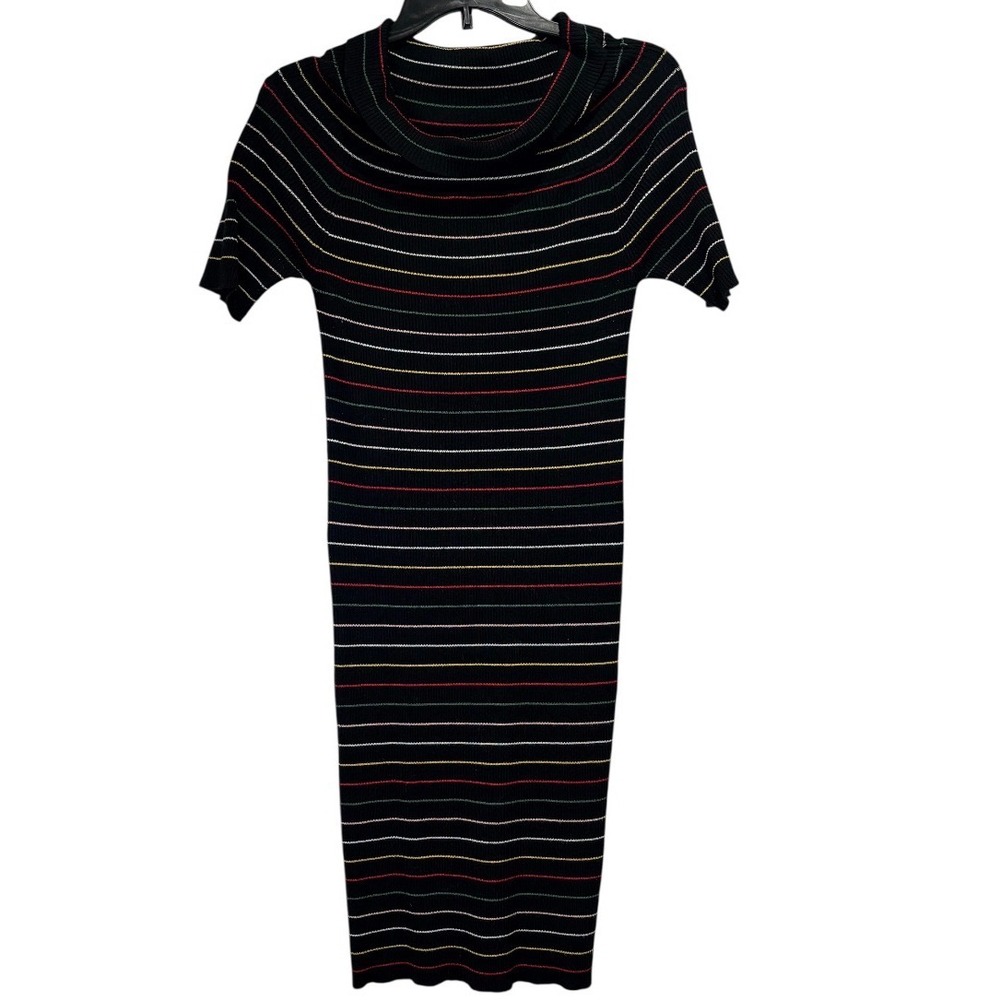 Next Knit Dress Womens 16 Black Multicolor Striped Ribbed Cowl Neck Midi